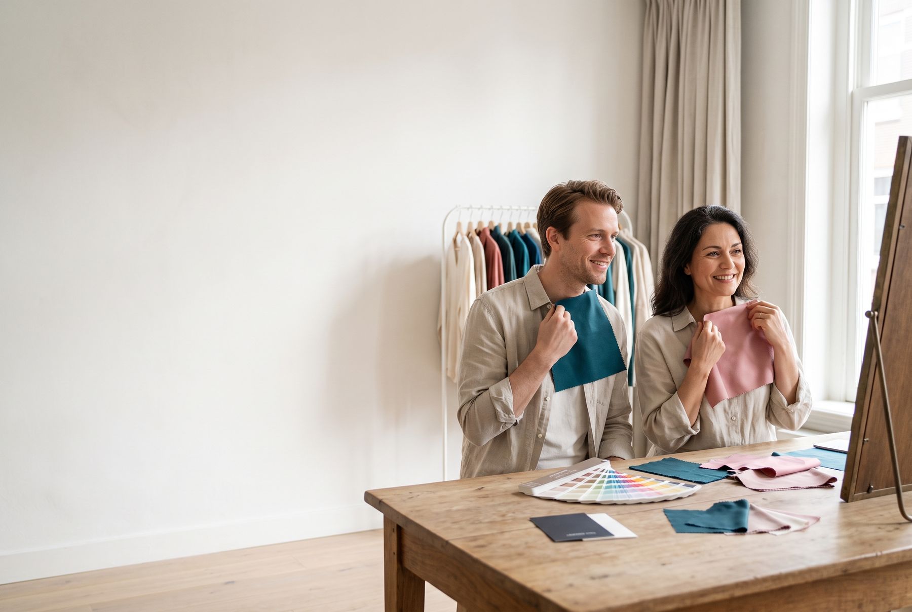 Twee klanten in het atelier houden een stofstaal in hun kleur onder hun kin